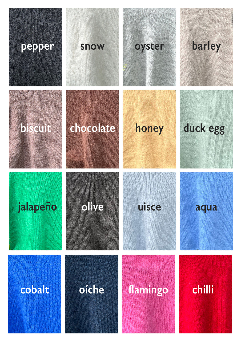 Color swatch grid with various fabric color names.