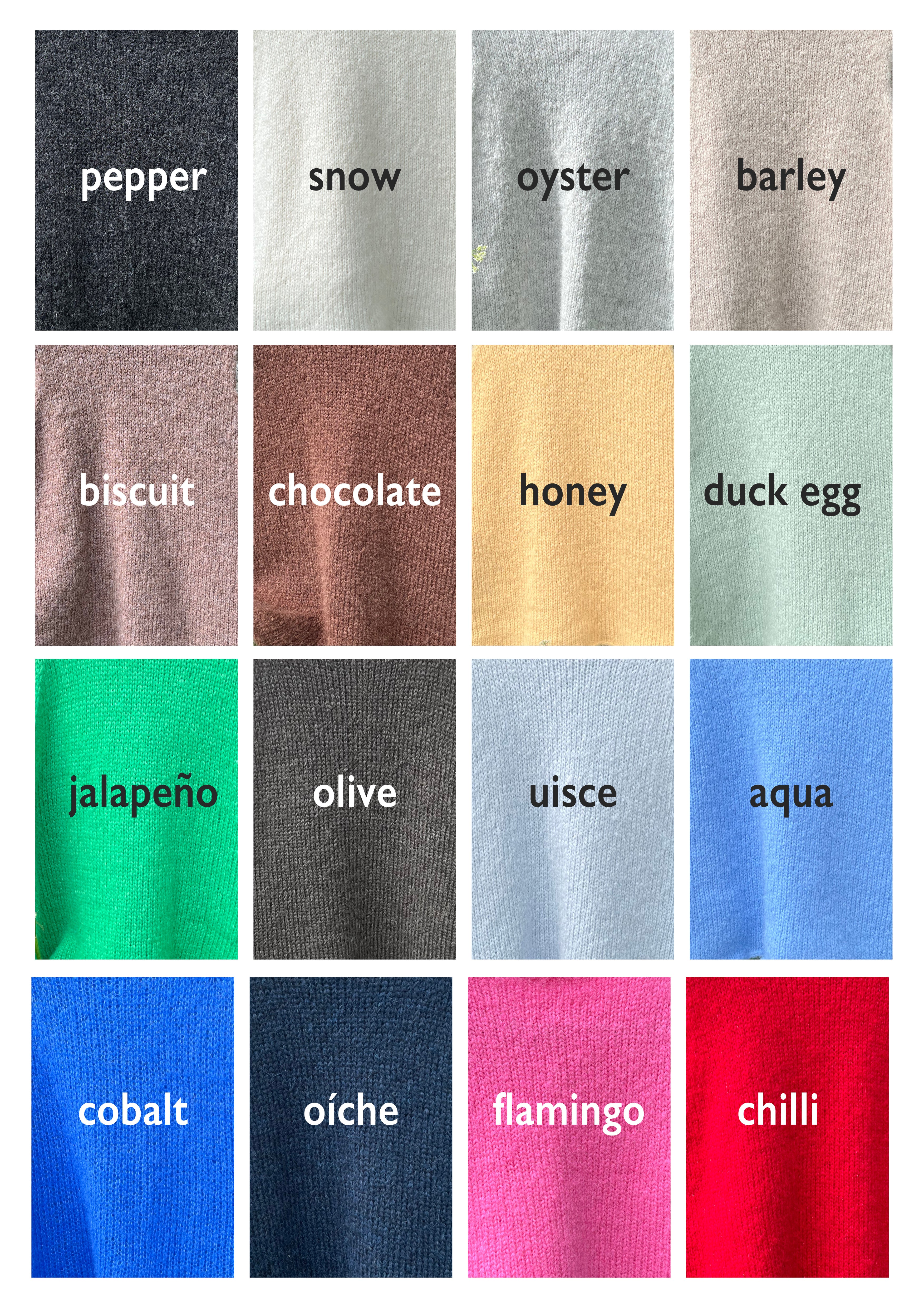 Color swatch grid with various fabric color names.